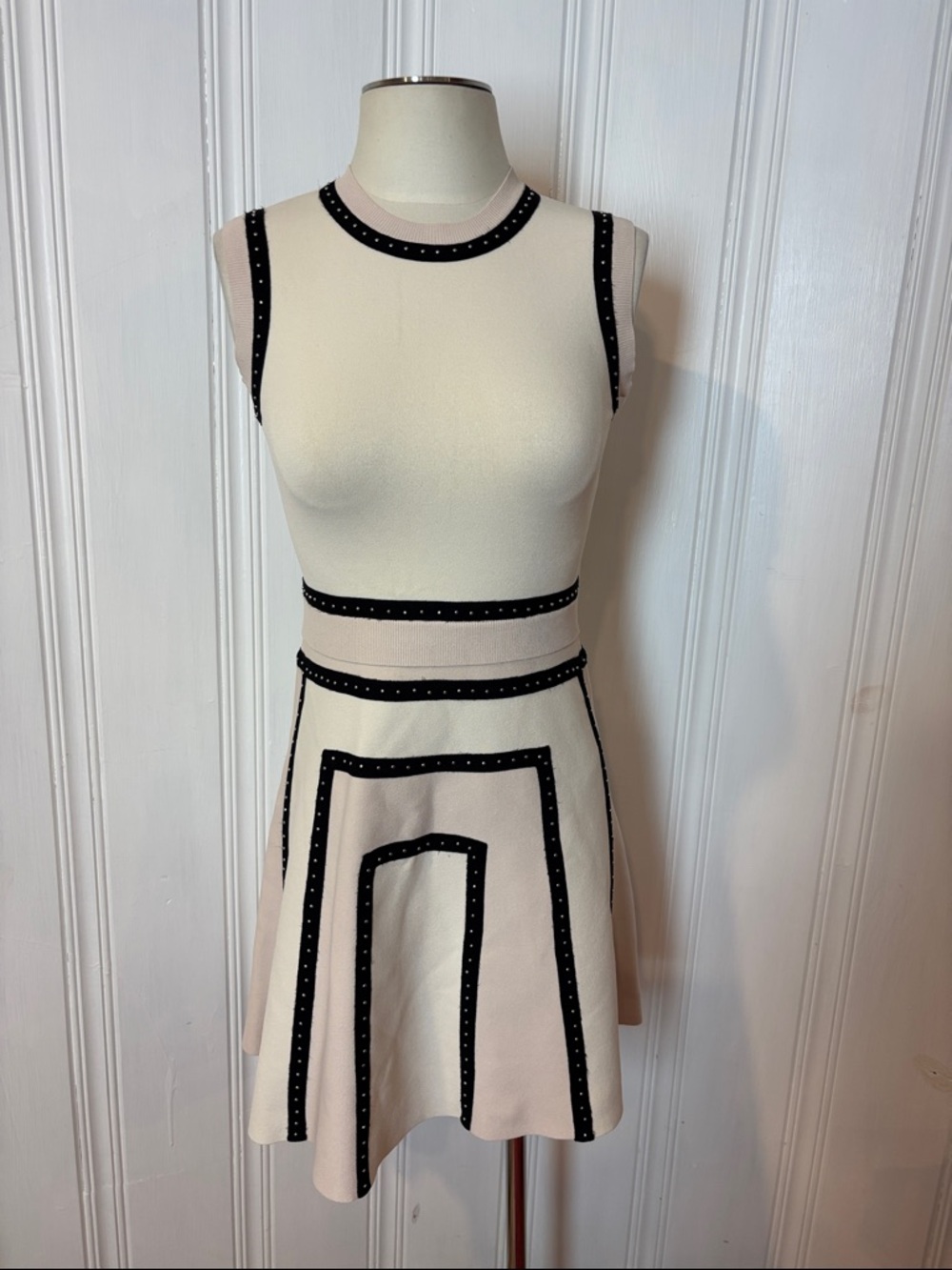 RONNY KOBO Cream Blush Black Studded Fit & Flare Knit Dress - Size S estimated